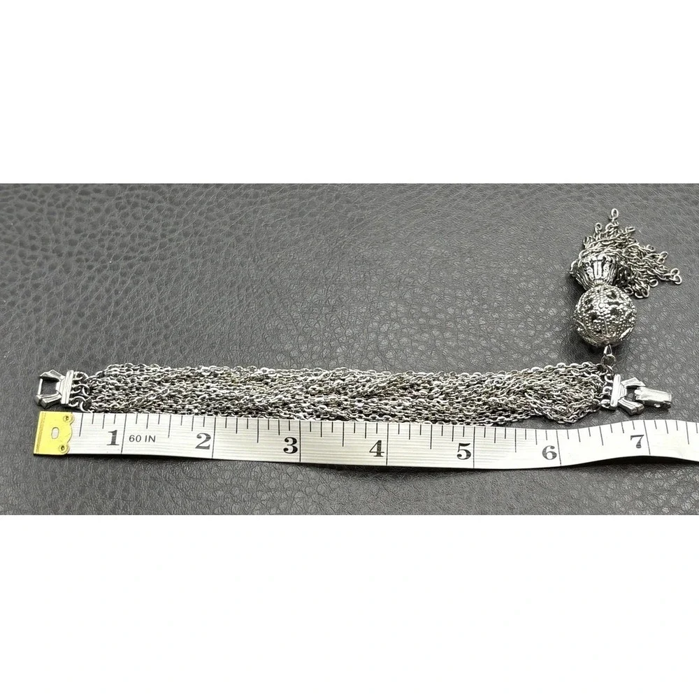 Vintage Silver Tone Multi-Strand Chain Bracelet Ornate Filigree Tassel Charm
